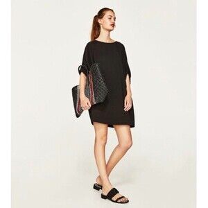 ZARA Oversized Shirt Dress Mini Tshirt Gathered Sleeve Boho Black Womens Medium